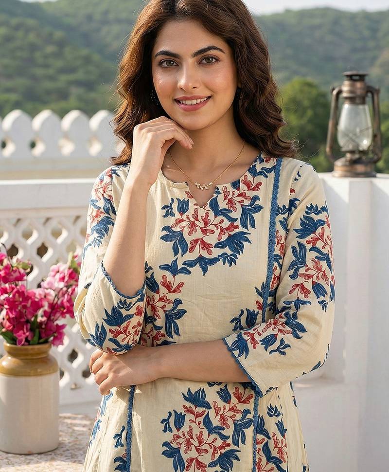 Anouk blue and beige pure cotton a-line regular kurta set