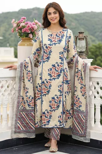 blue and beige pure cotton a-line regular kurta set