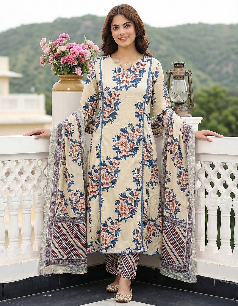 Anouk blue and beige pure cotton a-line regular kurta set