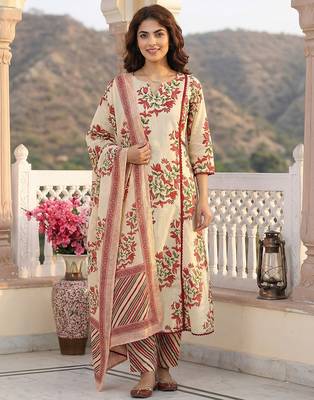 red and beige pure cotton a-line regular kurta set 1