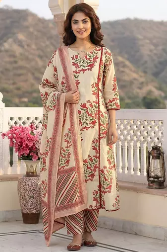 Anouk red and beige pure cotton a-line regular kurta set