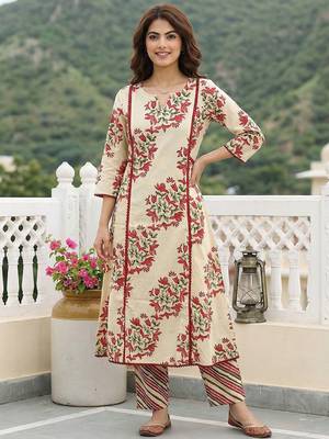 red and beige pure cotton a-line regular kurta set 2