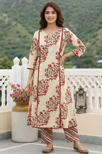 red and beige pure cotton a-line regular kurta set
