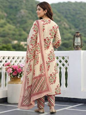 red and beige pure cotton a-line regular kurta set 3