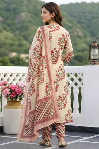 red and beige pure cotton a-line regular kurta set