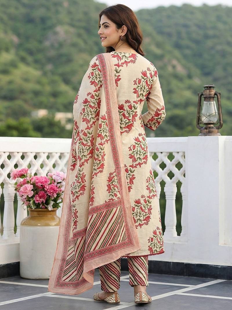 Anouk red and beige pure cotton a-line regular kurta set