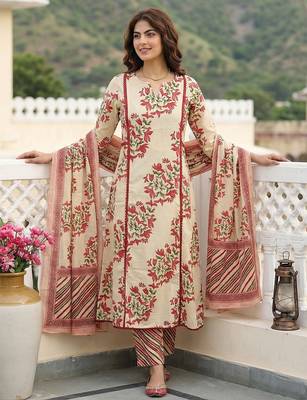 red and beige pure cotton a-line regular kurta set 4