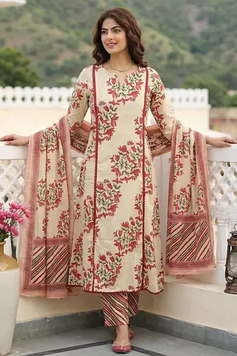 red and beige pure cotton a-line regular kurta set
