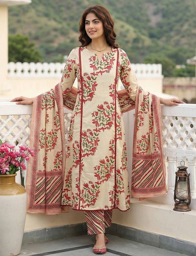 Anouk red and beige pure cotton a-line regular kurta set