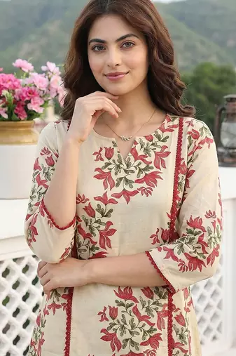 red and beige pure cotton a-line regular kurta set