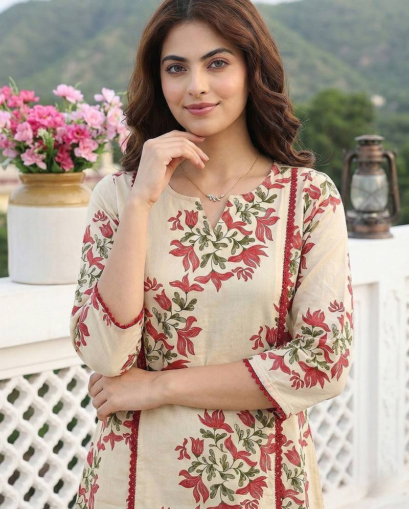 Anouk red and beige pure cotton a-line regular kurta set