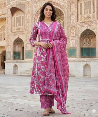 pink and white pure cotton anarkali angrakha kurta set 1