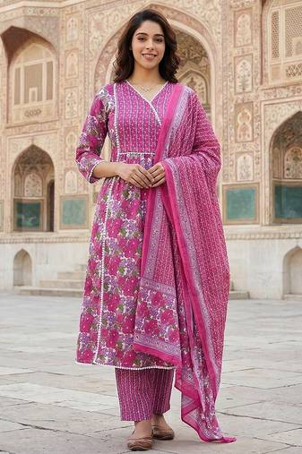Anouk pink and white pure cotton anarkali angrakha kurta set