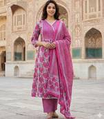 Anouk pink and white pure cotton anarkali angrakha kurta set