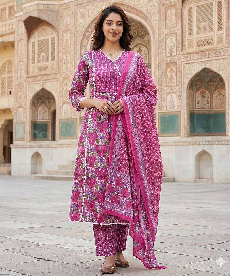 Anouk pink and white pure cotton anarkali angrakha kurta set