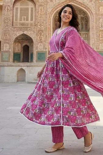 pink and white pure cotton anarkali angrakha kurta set