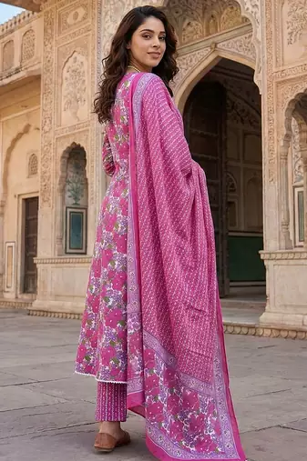 pink and white pure cotton anarkali angrakha kurta set