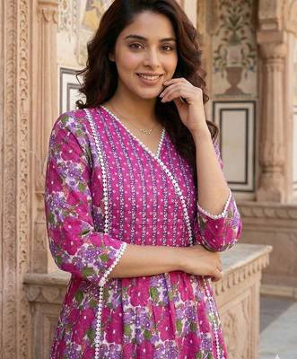 pink and white pure cotton anarkali angrakha kurta set 4