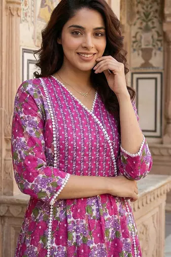 pink and white pure cotton anarkali angrakha kurta set