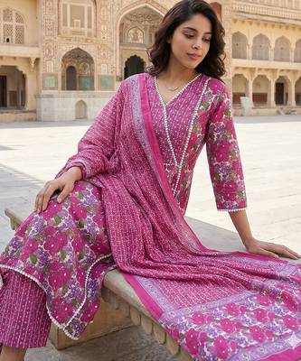 pink and white pure cotton anarkali angrakha kurta set 5