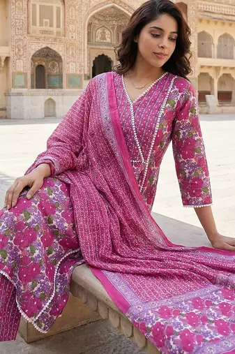 pink and white pure cotton anarkali angrakha kurta set