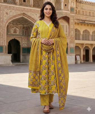 yellow and white pure cotton anarkali angrakha kurta set 1