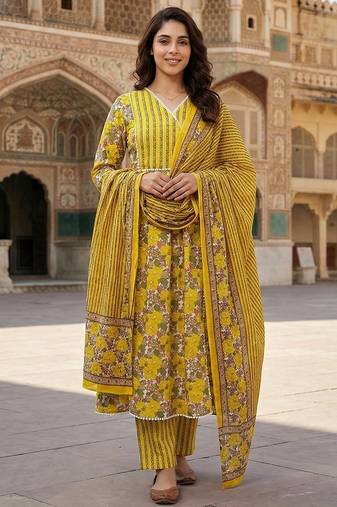 Anouk yellow and white pure cotton anarkali angrakha kurta set