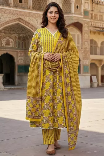Anouk yellow and white pure cotton anarkali angrakha kurta set