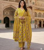 Anouk yellow and white pure cotton anarkali angrakha kurta set