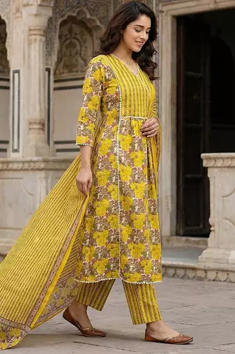 yellow and white pure cotton anarkali angrakha kurta set
