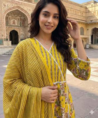 yellow and white pure cotton anarkali angrakha kurta set 4