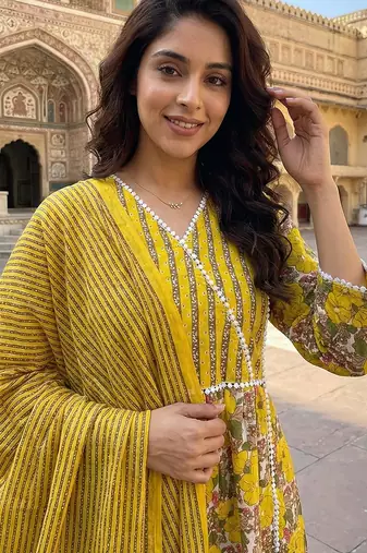 yellow and white pure cotton anarkali angrakha kurta set