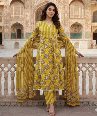 yellow and white pure cotton anarkali angrakha kurta set 5