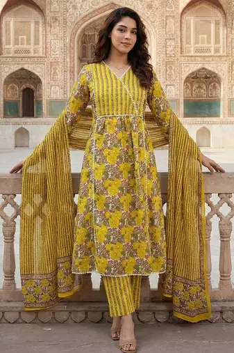 yellow and white pure cotton anarkali angrakha kurta set