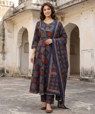 Anouk blue and red pure cotton anarkali angrakha kurta set 1