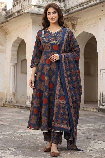 Anouk blue and red pure cotton anarkali angrakha kurta set
