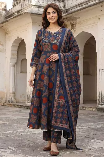 Anouk blue and red pure cotton anarkali angrakha kurta set