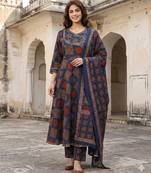 Anouk blue and red pure cotton anarkali angrakha kurta set
