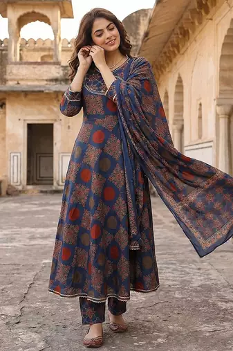 Anouk blue and red pure cotton anarkali angrakha kurta set