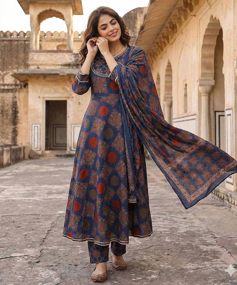 Anouk blue and red pure cotton anarkali angrakha kurta set
