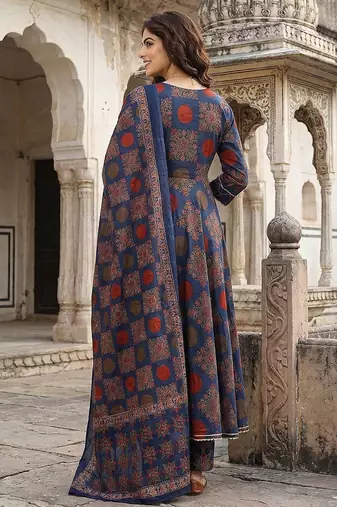 Anouk blue and red pure cotton anarkali angrakha kurta set