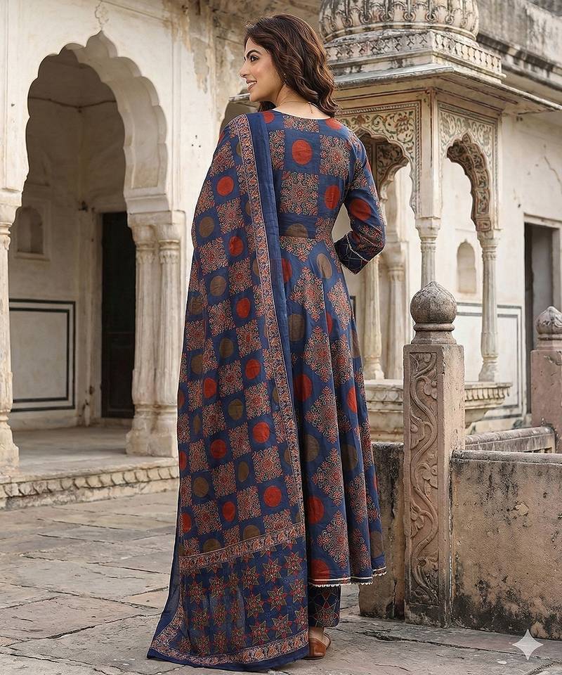 Anouk blue and red pure cotton anarkali angrakha kurta set
