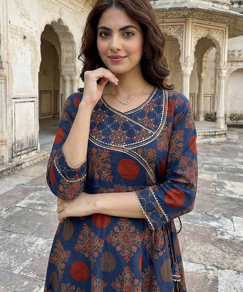 Anouk blue and red pure cotton anarkali angrakha kurta set