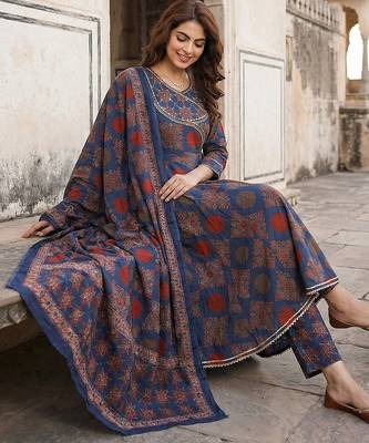 Anouk blue and red pure cotton anarkali angrakha kurta set 5