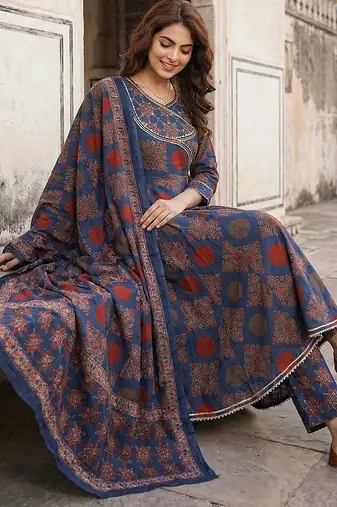 Anouk blue and red pure cotton anarkali angrakha kurta set