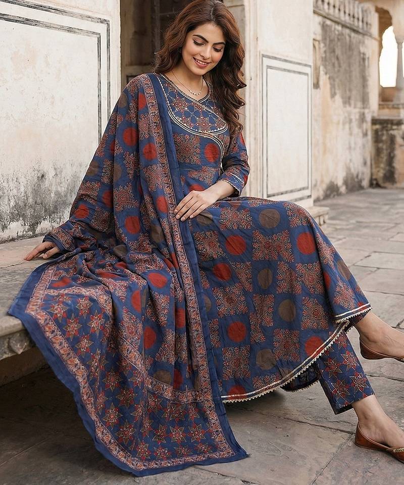 Anouk blue and red pure cotton anarkali angrakha kurta set