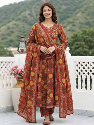 red and yellow printed pure cotton anarkali kurta set with dupatta 1
