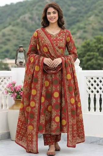 Anouk red and yellow printed pure cotton anarkali kurta set with dupatta