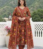 Anouk red and yellow printed pure cotton anarkali kurta set with dupatta