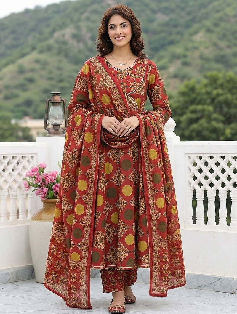 Anouk red and yellow printed pure cotton anarkali kurta set with dupatta